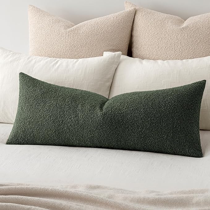 MIULEE Textured Boucle Throw Pillow Cover Christmas Dark Green Accent Solid Lumbar Pillow Case Decorative Soft Pack of 1 Couch Cushion Chair Sofa Bedroom Livingroom Home Decor,36x14 Inch
