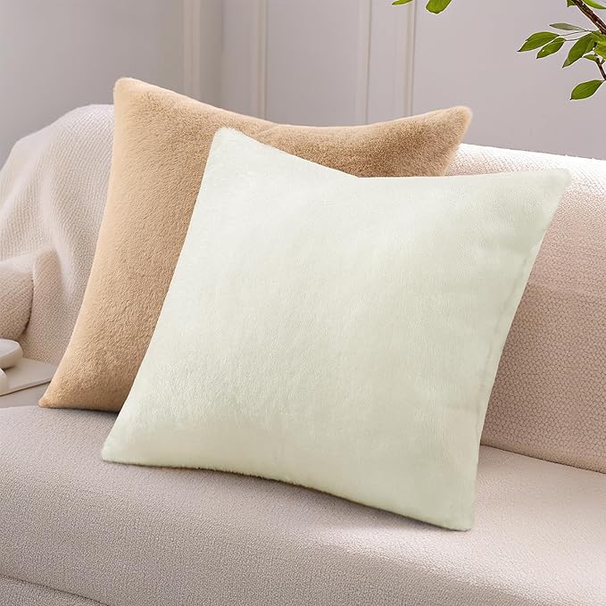 Pallene Faux Fur Plush Throw Pillow Covers 16x16 Set of 2, Soft Fluffy Couch Pillow Covers for Living Room, Cream White