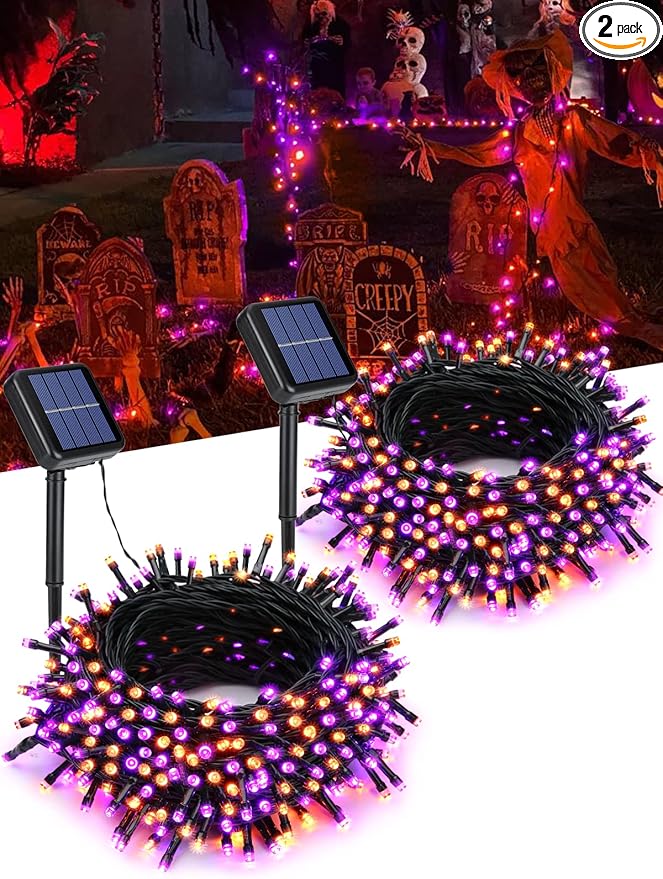 Flacchi 2 Pack Solar Halloween Lights Total 144ft 400 LED 8 Modes Outdoor String Lights Waterproof Solar Fairy Lights for Garden, Patio, Fence, Balcony, Outdoors,Holiday Decoration (Orange & Purple)