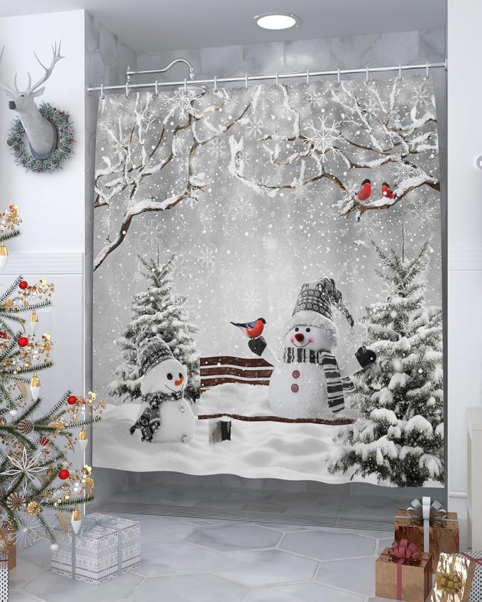 Vandarllin Winter Christmas Shower Curtain, Cute Snowman Cardinals Shower Curtains Set with Hooks, GreySnowy Pine Forest Waterproof Fabric Bathroom Curtains Decor Home Accessories,Stall 48 X 72 Inch