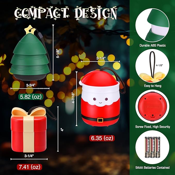 EverBrite Christmas Lantern Set, Holiday Decorations & Gifts for Women and Men, 5 Light Modes AAA Batteries Included, Indoor & Outdoor Use, 3-Pack Santa Claus + Christmas Tree + Gift Box (1 Each)