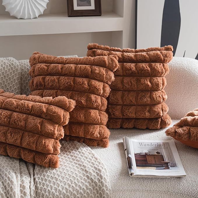 Neelvin Brown Faux Fur Cozy Soft Plaid Decorative Throw Pillow Covers 20x20 inch Set of 2,Velvet Pillowcase Cushion Case for Sofa Couch