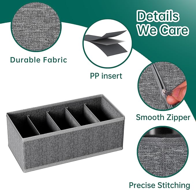 4-Pack Collapsible Fabric Drawer Organizers - 12"x6"x4" Foldable Storage Box with 5 Compartments, Closet Dividers for Socks, Ties, Belts, Accessories (Grey)