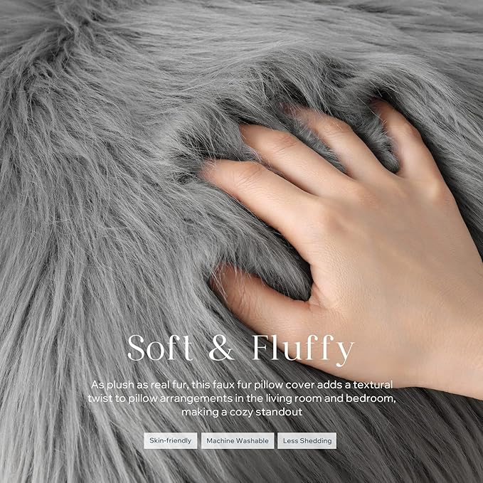Phantoscope Pack of 2 Faux Fur Solid Throw Decorative Pillow Cover Cushion Covers Luxury Soft Decorative Pillowcase Fuzzy Pillow Covers for Bed/Couch,Gray 24 x 24 Inches