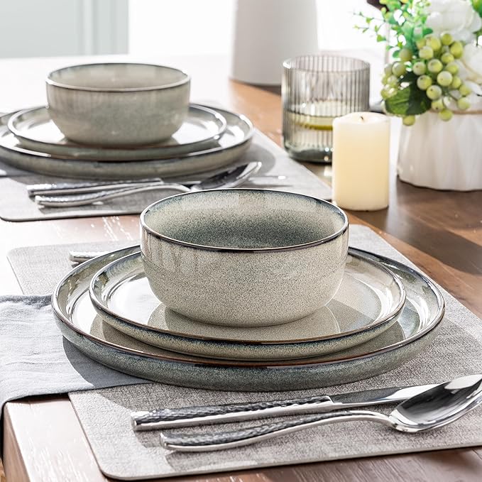 GBHOME 16 Pieces Double Bowls Ceramic Dinnerware Sets for 4, Stoneware Plates and Bowls Set with Reactive Glaze, Scratch Resistant Stoneware Dishes Set, Dishwasher & Microwave Safe