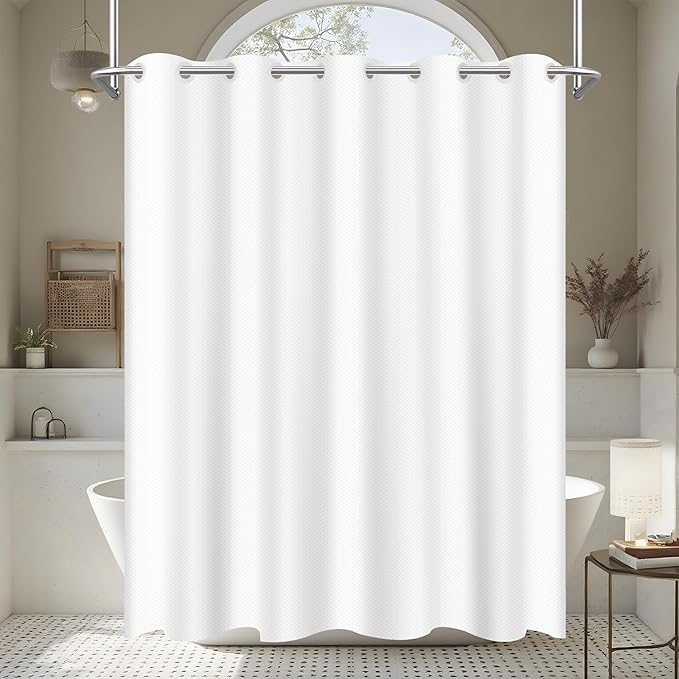 No Hook Shower Curtain, White Modern Chevron Striped Luxury Hotel Style, Washable Waterproof Fabric for Bathroom, 15 Seconds Quick Install, 72W x 80L Inches