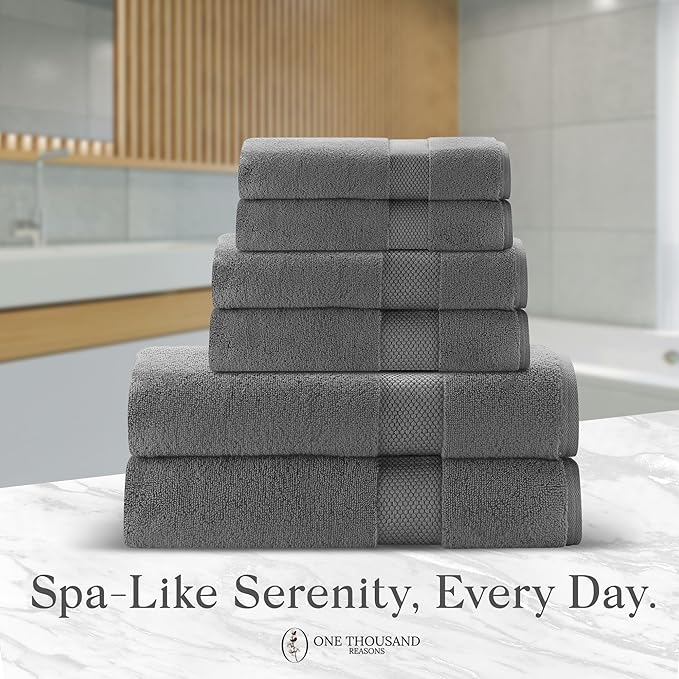 Premium Staple Cotton Bathroom Towel Set - Dark Gray 600 GSM 6-Piece Luxury Bath Towel Set 1 Stripe - 2 Bath Towels, 2 Hand Towels & 2 Washclothes Set - High Absorbent & Quick Dry for Gym, Spa, Hotel