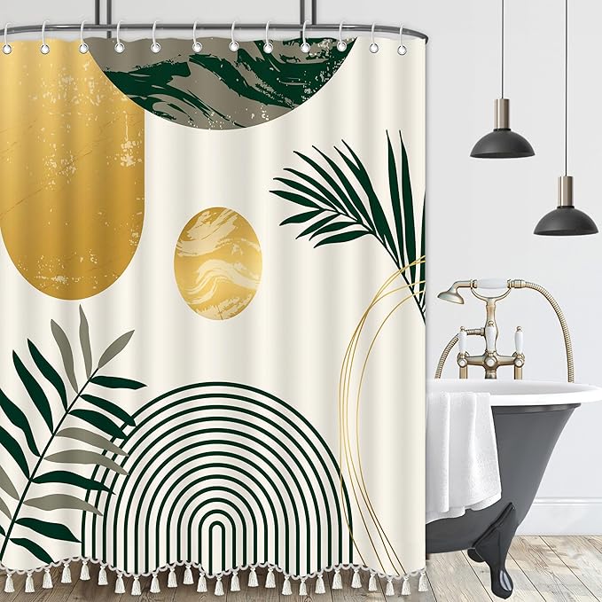 Boho Mid Century Leaf Shower Curtain Set,Arch Sun Design,Minimalistic Leaves Pattern,Waterproof and Luxurious Fabric-12 Hooks(Sage Green-72" x 72")