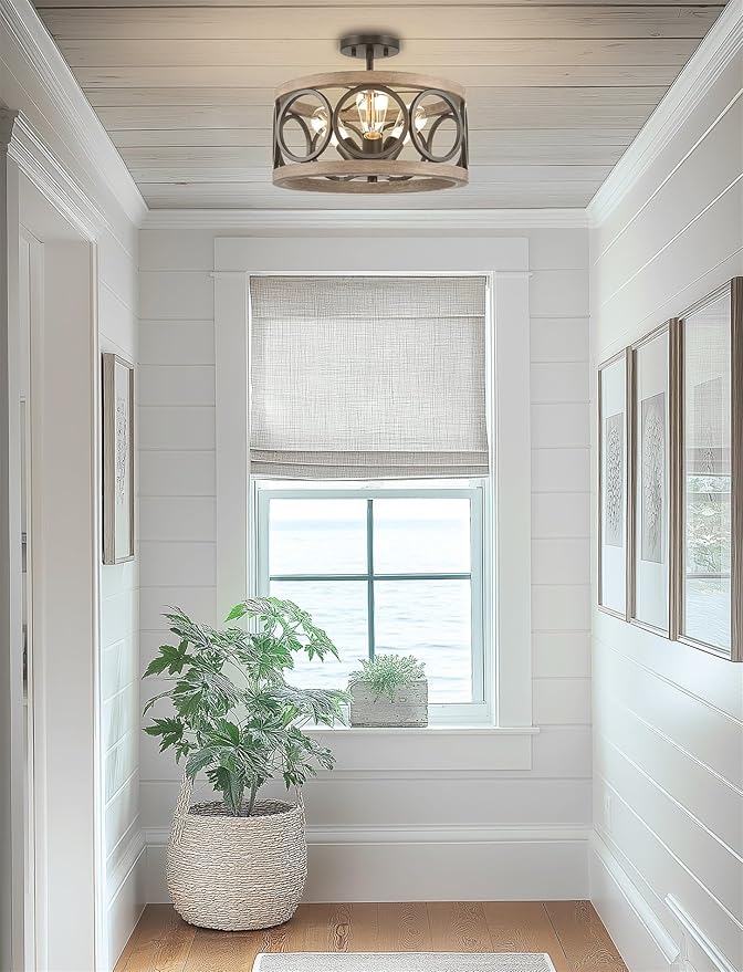 Kira Home Larkin 15" 3-Light Modern Farmhouse Semi-Flush Mount Ceiling Light, Metal Drum Shade, Weathered Ash Wood Finish + Black Finish