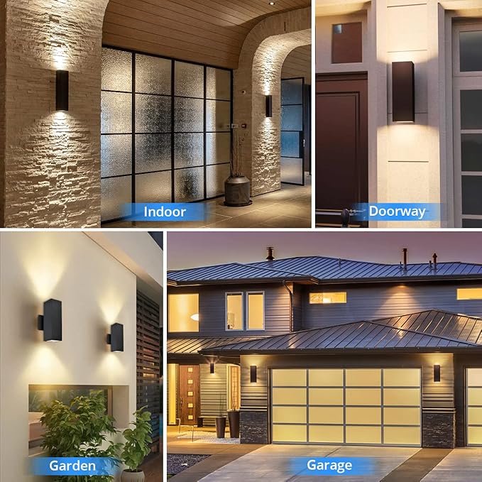 wowlite Outdoor Wall Lights Dusk to Dawn Sensor, 6000K Cool LED Up Down Sconce, IP65 Waterproof 13" Modern Square Matte Black Exterior Light Fixture Wall Mount for Porch Patio Garage, ETL Listed