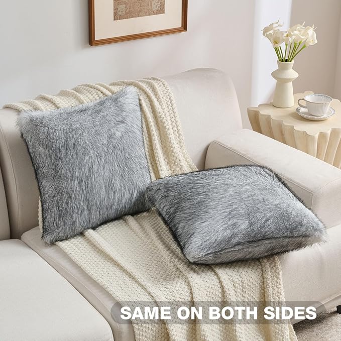FUTEI White Decorative Throw Pillow Covers 18x18 Inch Set of 2,Soft Faux Raccoon Fur Textured Cushion Case,Modern Home Luxurious Decor for Couch Bed Living Room