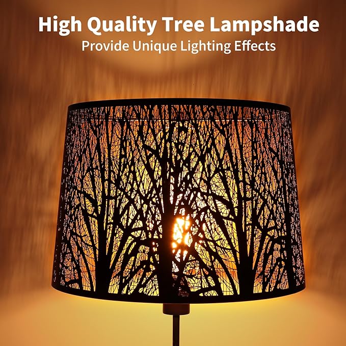 ALUCSET Metal Large Lampshade, Drum Lamp Shade 14" Top x 16" Bottom x 11" High, Lamp Shades for Table and Floor Lamps, Black Gold Finished Etched Forest Replacement Shade, Spider Fitter