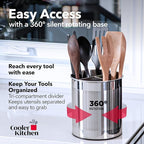 Cooler Kitchen Rotating Extra Large Stainless Steel Utensil Holder Caddy with Sturdy No-Tip Weighted Base, Removable Divider, and Gripped Insert Bottom -Dishwasher Safe Metal Cooking Utensil Holderâ