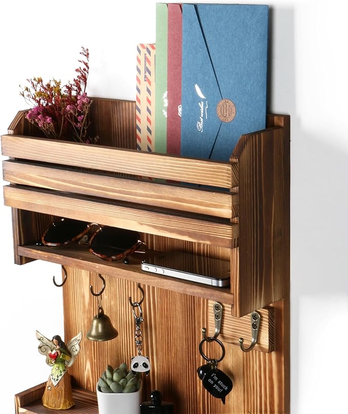 Key Holder, Wall Mounted Mail Organizer, Keys Holder on Wall with 9 Key Hooks, Light Brown
