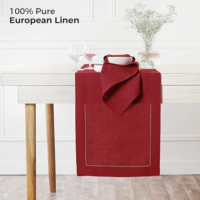 D'Moksha Homes Linen Red Table Runner 60 Inches - Classic Hemstitch, 100% Pure Linen Coffee Table Runner 14 x 60 Inch Ideal for Dresser Tables - Fall, Autumn and Halloween