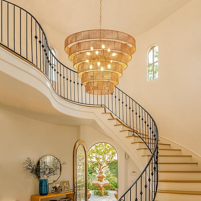 31.49" Large Rattan Chandelier Vintage Farmhouse 12-Lights Boho Hand-Woven Bamboo Chandeliers Light Fixture Rustic Wicker Rattan Golden Chandelier for Dining Room, Kitchen, Living Room, E12