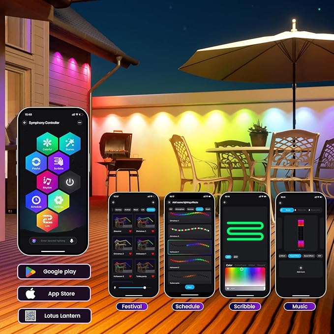 HUTAKUZE Permanent Outdoor Lights, 150FT with 90 RGB LEDs for Outdoor Decor, IP67 Waterproof, 48 Scene Modes Christmas House Lights,APP & Remote Control, Music Sync