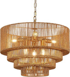 19.7" Hand-Woven Rattan Chandelier Vintage Farmhouse 6-Lights Boho Bamboo Chandeliers Light Fixture Retro Drum Wicker Rattan Golden Chandelier for Dining Room, Kitchen Island, Bedroom, E12