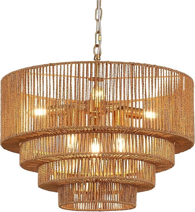 19.7" Hand-Woven Rattan Chandelier Vintage Farmhouse 6-Lights Boho Bamboo Chandeliers Light Fixture Retro Drum Wicker Rattan Golden Chandelier for Dining Room, Kitchen Island, Bedroom, E12
