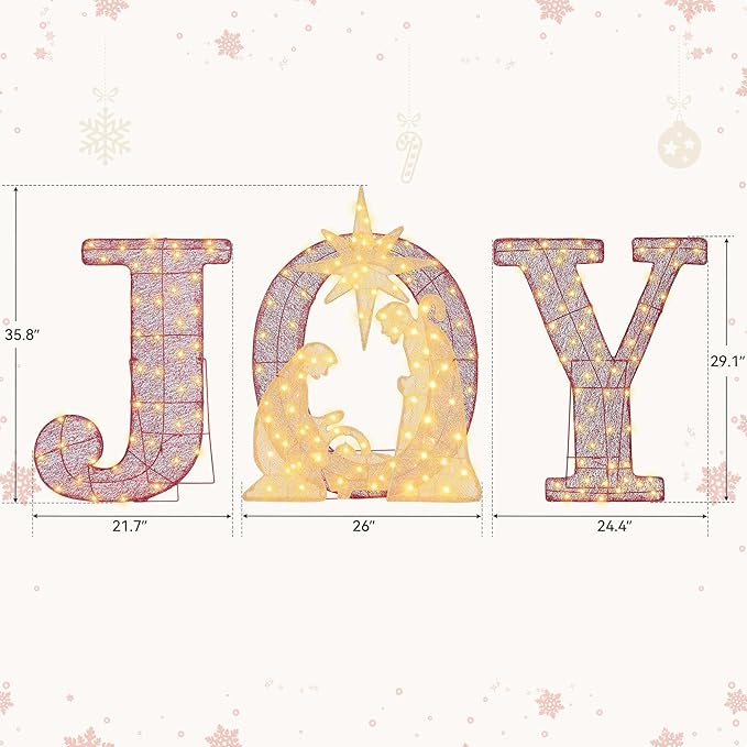 3-Piece Christmas Lighted Joy Sign Decoration,32Inch Oversized Pre-Lit Nativity Scene,2-in-1 Weather Resistant Holiday Yard Decor Freestanding or Wall Decor for Garden Yard Porch or Indoor