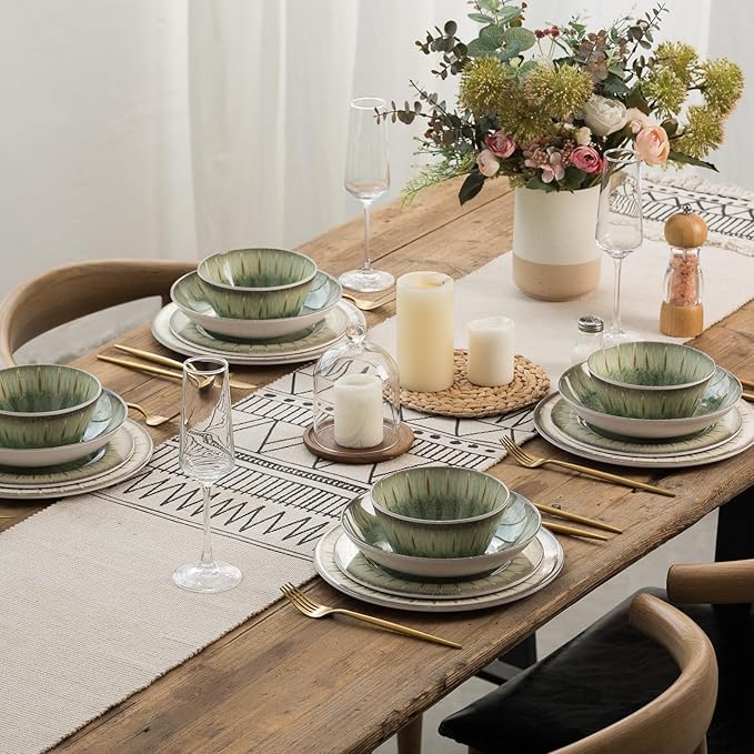 MissYip Melamine Dinnerware Set, 16 Piece for 4, Unbreakable Kitchen Plastic Plates and Bowls set, Indoor and Outdoor Use Tableware, BPA Free, Dishwasher Safe, Not Microwave, Not Oven(Green)