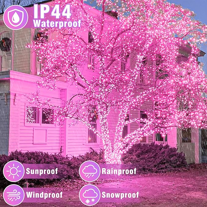 100FT 300 LED Christmas Lights Outdoor, Plug in Christmas String Lights Indoor, Waterproof & 8 Modes & Timer Function, Connectable Fairy Twinkle Light for Bedroom Patio Wedding Party Decor, Pink