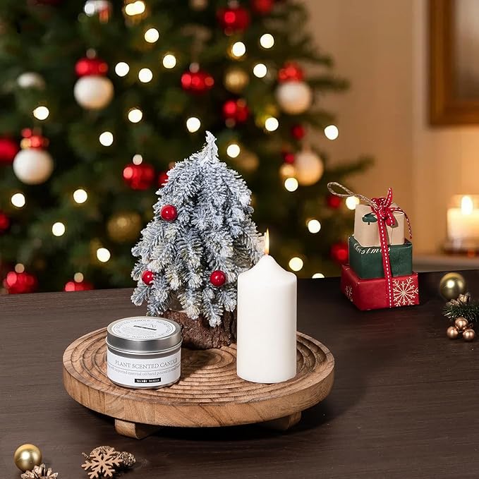 Round Decorative Tray Farmhouse Bathroom Decor Wood Riser Kitchen Countertop Organizer for Perfume, Candle, Plant, 9 inch Browm