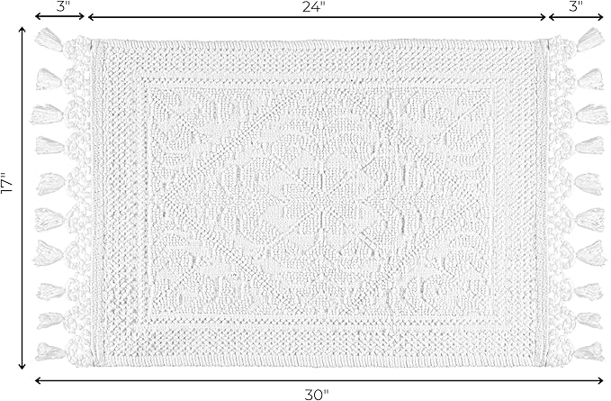 Savi Home Cotton Woven Jacquard Bathroom Rug, 17"x30" Non-Slip Bath Mat with Woven Fringe, 100% Cotton, Durable and Absorbent, White