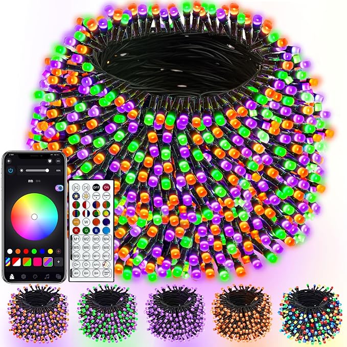 600LED Smart Color Changing Halloween Lights App Controlled, 208FT Waterproof RGB Xmas String Light Music Sync Multiple Modes, Christmas Lights with Remote & Timer Indoor Outdoor Halloween Decorations