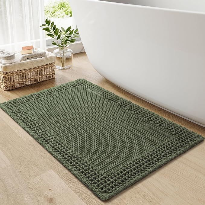 RESARE Waffle Bath Mat for Bathroom, Super Absorbent Bathroom Rugs Non Slip Machine Washable, Ultra Soft Quick Dry Boho Bath Rugs with Tassels for Floor, Upgraded Bordered Design, 24"x36" Green