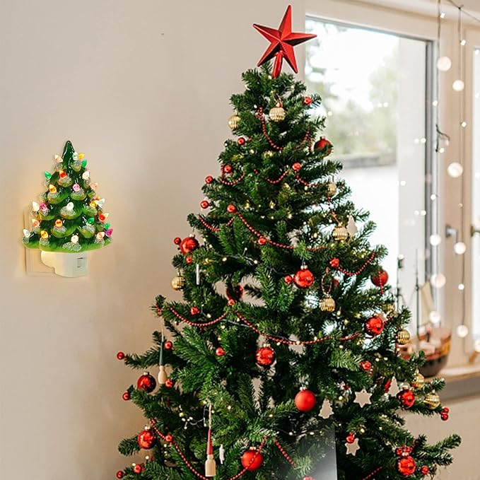 Hausse Christmas Ceramic Tree Night Light, Decorative Snow Covered Xmas Tree Nightlight with Lamp, Multicolor Bulbs & 360 Degree Swivel Plug with ON/Off Switch for Home Bathroom Bedroom Decor