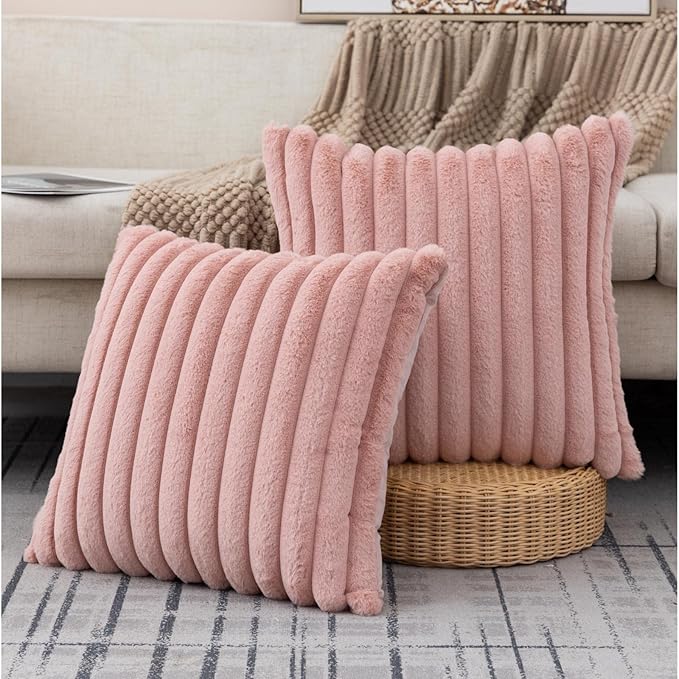 ZLINA Set of 2 Baby Pink Faux Fur Decorative Throw Pillow Covers Fluffy Striped Pillowcase Cushion Covers 20 x 20 Inch Decor Sofa Couch Bedroom