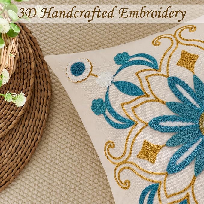 Embroidered Throw Pillow Cover 20x20 Classic Boho Floral Pattern Pillows Cover Outdoor Decorative Pillowcase,Durable Cozy Textured Cushion Case for Sofa Couch Bed Living Room,Teal