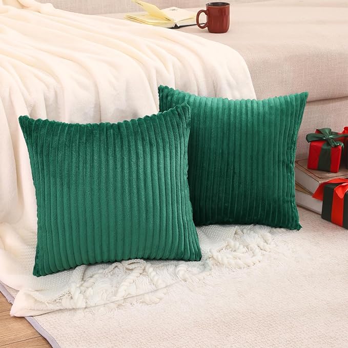 Simmore Decorative Throw Pillow Covers 16x16 Set of 2, Soft Natural Plush Flannel Double-Sided Fluffy Couch Pillow Covers for Sofa Living Room, Green