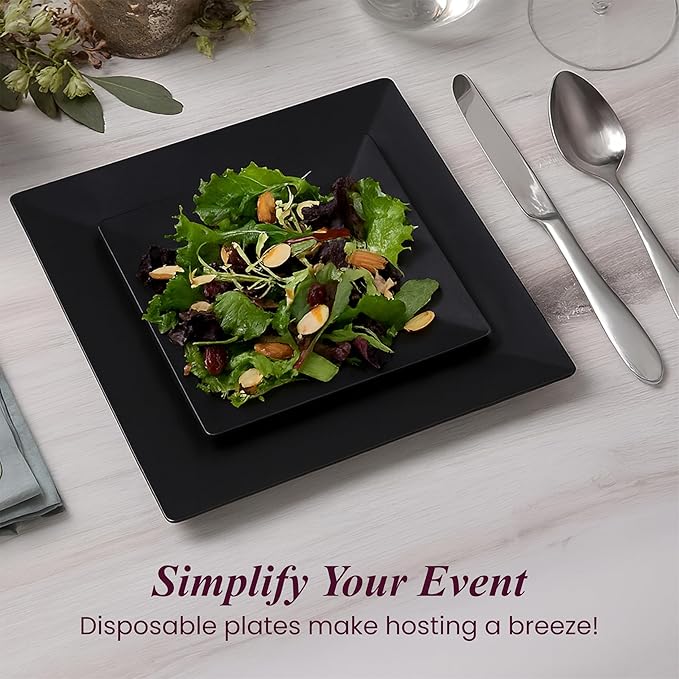 Aya's Square Plastic Plates - 6.5"/9.5" Black Disposable Plates for Party - Heavy-Duty Reusable Food Grade Plastic - 60 Count - Thick and Durable to Prevent Breaking - Ideal for Events and Gatherings