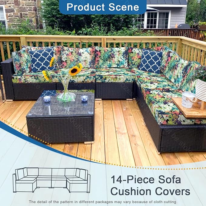 14 PCs Patio Cushion Covers for 7 PCs Outdoor Furniture Sectional Seating Sets Water Resistant Plus 2 Throw Pillows (Colorful Leaves, 23.6 * 23.6 * 3.5 in-14)