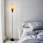 Modern Glass Floor Lamp for Bedroom, 63'' Vintage Mid-Century Floor Lamp with Milky White Frosted Glass Globe Shade for Living Room Corner, Slim Standing Reading Lamp for Office Decor (Black)