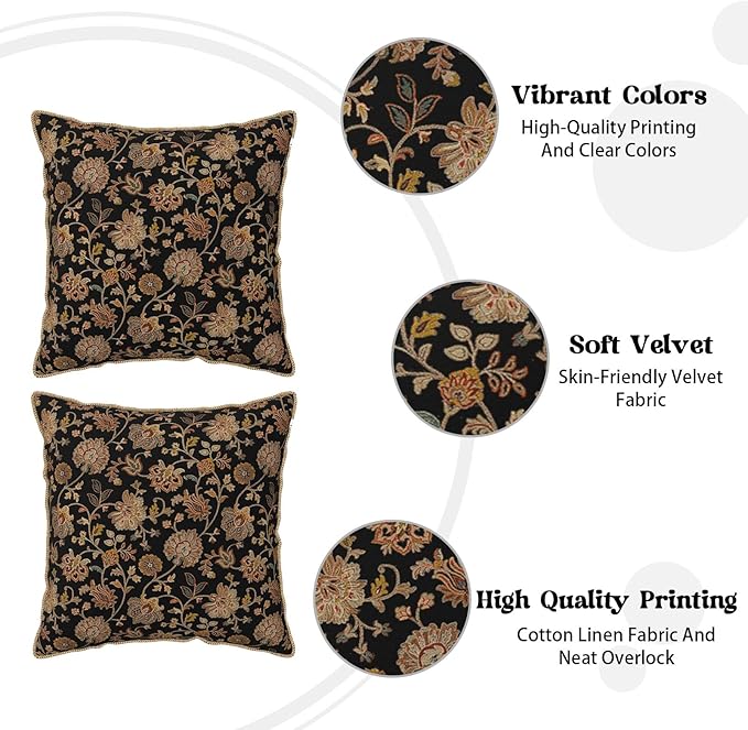 Vintage Tapestry Floral Soft Velvet Throw Pillow Covers Set of 2 Black Brown Bohemian Boho Carpet Flowers Decorative Pillow Covers 18x18 Inch Rustic Retro Rug Pillow Case For Sofa Couch Home Decor