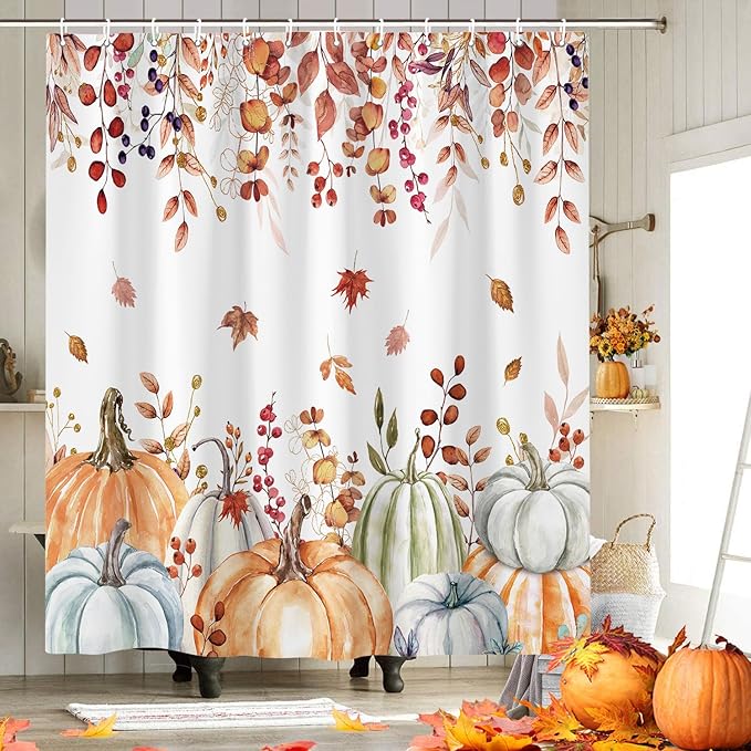 Fall Pumpkin Boho Shower Curtain Set, Farmhouse Autumn Eucalyptus Leaves Thanksgiving Harvest Shower Curtain, Cute Seasonal Bathroom Curtain Yellow Teal Fall Bath Accessories with Hooks,72"X72"