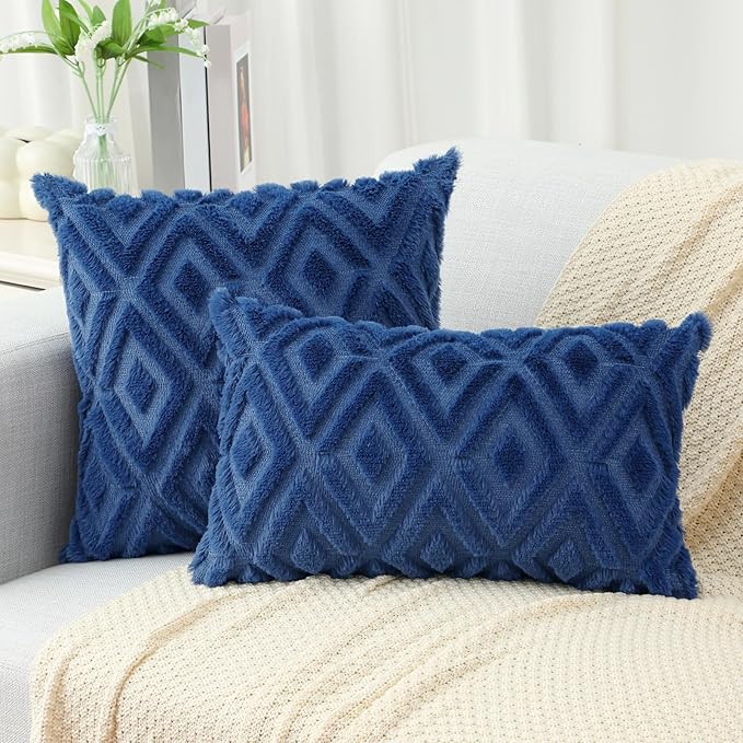 Pallene Navy Blue Throw Pillow Covers 26x26 Set of 2, Soft Plush Faux Fur Decorative Couch Pillow Covers for Sofa Bed Living Room Pillow Cases with 3D Diamond Pattern