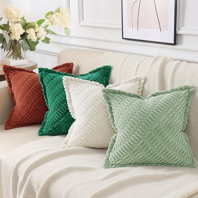 decorUhome Decorative Sage Green Throw Pillow Covers 20x20 Set of 2 with Splicing, Boho Soft Neutral Corduroy Broadside Twill Pillow Covers for Couch Bed Sofa Living Room