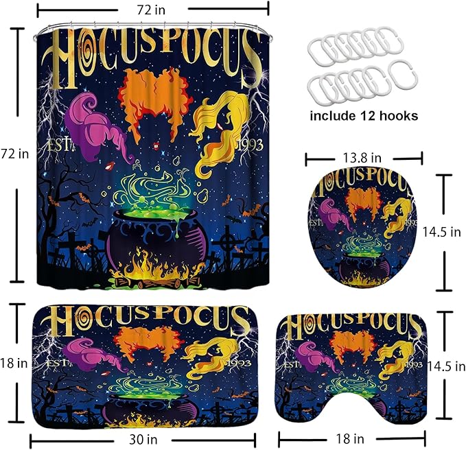 4 Pcs Halloween Shower Curtain Set, with Non-Slip Rugs,Toilet Lid Cover and Bath Mat, Hocus Pocus Decor for Bathroom, Halloween Party Gifts Supplies