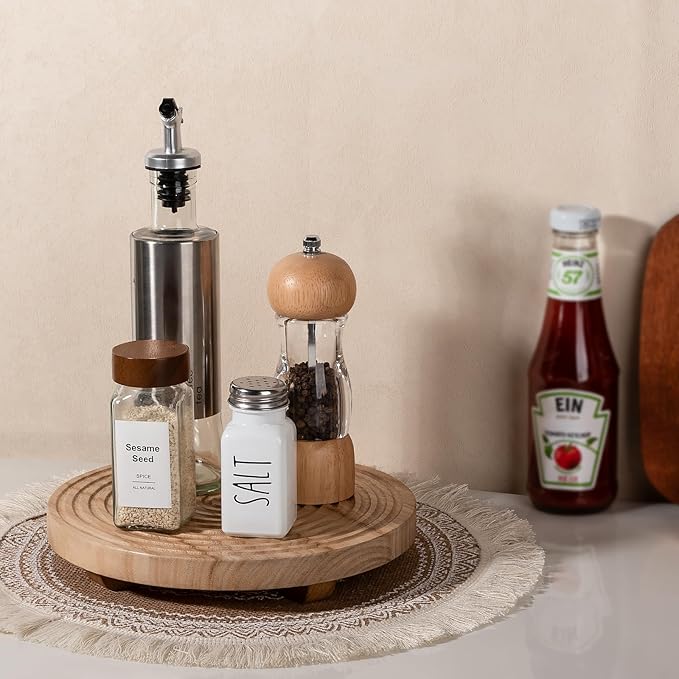 Round Decorative Tray Farmhouse Bathroom Decor Wood Riser Kitchen Countertop Organizer for Perfume, Candle, Plant, 10 inch Burlywood