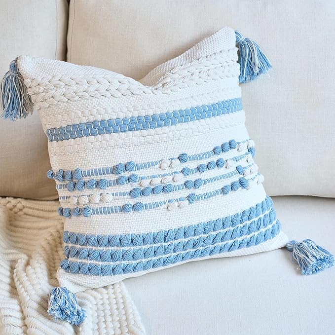 18x18 Boho Blue Decorative Pillow Cover with Cording and Tassels Handmade Accent Woven Textured Square Throw Pillow Case for Couch Sofa Farmhouse Living Room Home Decor