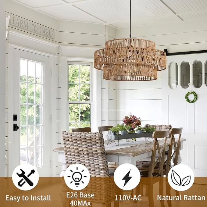 3-Tier Large Rattan Chandeliers, 22.8in Boho Coastal Pendant Lights, Wicker Hanging Ceiling Lights Hemp Rope Lighting Fixture, for Dining Room, Kitchen Island, Living Room