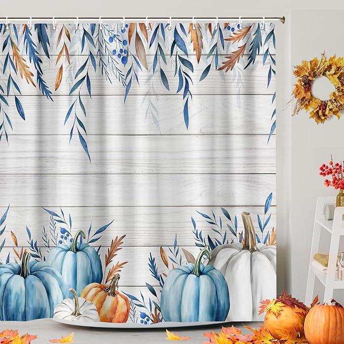 Boho Fall Shower Curtain, Blue Pumpkin Thanksgiving Harvest Shower Curtain for Bathroom, Rustic Autumn Pumpkin Leaves Wood Board Bath Curtains with 12PCS Hooks 72 X 72 in, Blue Orange