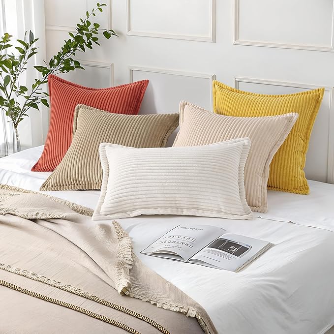 Mecatny Corduroy Christmas Throw Pillow Covers 18x18 Set of 2, Neutral Decorative Soft Boho Couch Pillow Covers with Broadside for Sofa Living Room, Cream White