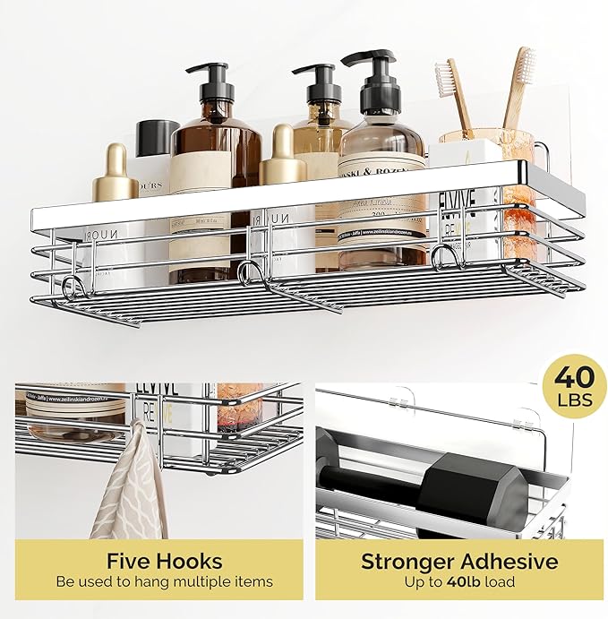 Orimade Shower Caddy with 5 Hooks Organizer for Hanging Razor and Sponge Bathroom Basket Adhesive Shower Shelf Storage Kitchen Rack Wall Mounted No Drilling Rustproof Stainless Steel - 2 Pack