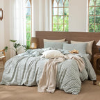 MooMee Gingham Duvet Cover Set 100% Washed Cotton Linen Like Textured Breathable Durable Soft Comfy Modern Checkered Design (Sage Green Gingham, Twin 68"x90")