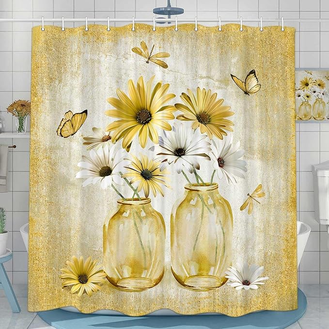 Rustic Farmhouse Yellow Floral Shower Curtain, Sage Green Daisy Flowers Butterfly Dragonfly on Abstract Aesthetic Country Wooden Boho Shower Curtain Set, White Bathroom Accessory with Hooks, 70X84